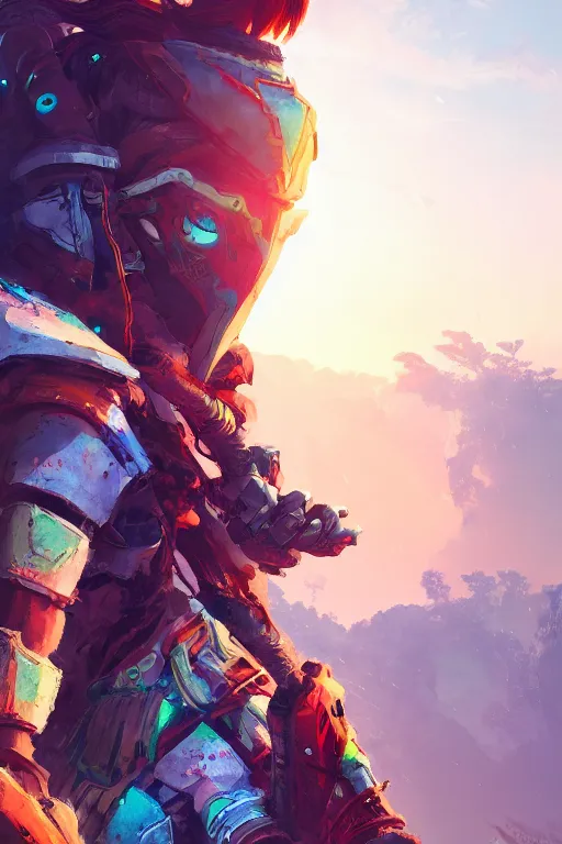 Image similar to combination suit armor aloy horizon forbidden west horizon zero dawn radiating a glowing aura global illumination ray tracing hdr fanart arstation by ian pesty and alena aenami artworks in 4 k tribal robot ninja mask helmet backpack