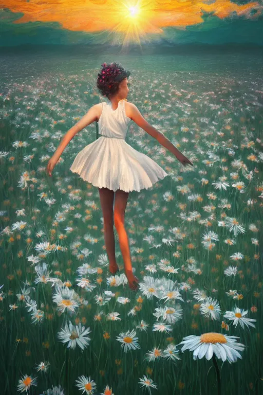 Image similar to giant white daisy flower as head, two legged girl dancing in a flower field, surreal photography, sunrise, dramatic light, impressionist painting, colorful clouds, digital painting, artstation, simon stalenhag