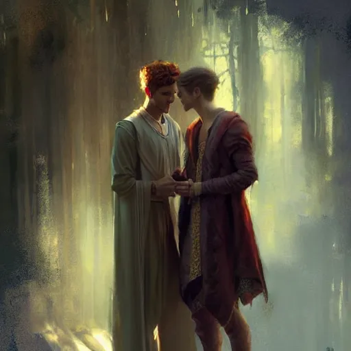 Image similar to attractive fully clothed king confesses his love for his attractive fully clothed male prince. highly detailed painting by craig mullins, tom bagshaw,