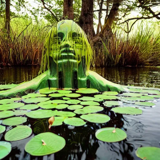 Image similar to A face submerged in shallow water surrounded by lily pads and other vegetation. The eyes are glowing and there is a hand reaching out towards you