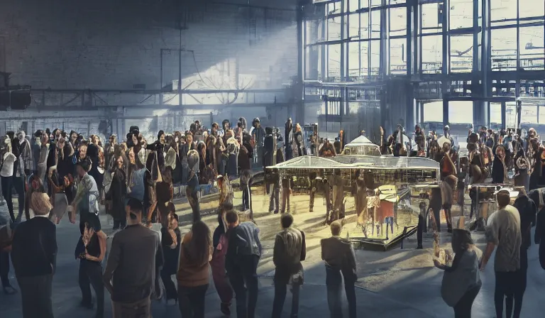 Prompt: large group people in simple warehouse, looking at hologram of futuristic downtown on a table, cinematic concept art, godrays, golden hour, natural sunlight, 4 k, clear details, tabletop model buildings, center model buildings, hologram center, crane shot, crane shot, crane shot, clear details, windows