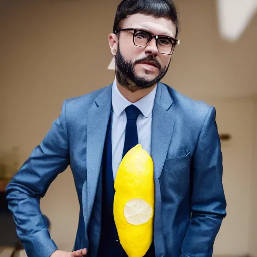 Image similar to a man wearing a suit lemon head