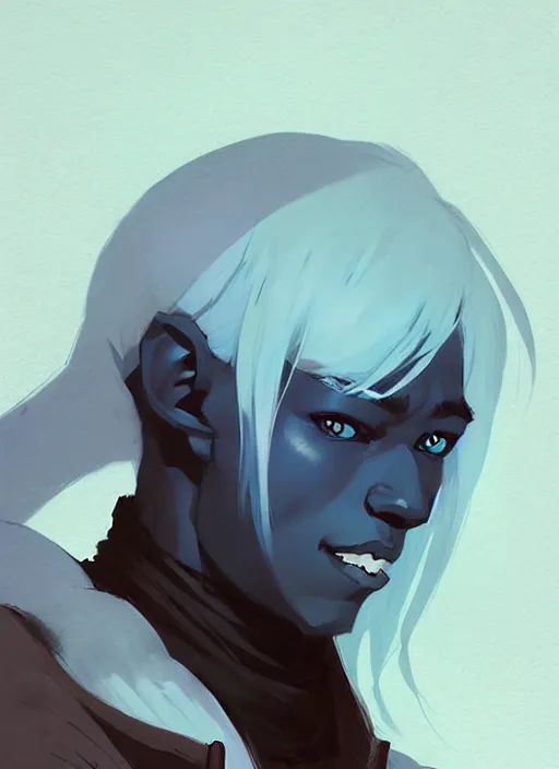 Image similar to ( ( ( ( ( portrait of male drow from dungeons and dragons. ) ) ) ) ) by atey ghailan, by greg rutkowski, by greg tocchini, by james gilleard, by joe fenton, by kaethe butcher, dynamic lighting, gradient light blue, brown, blonde cream and white color scheme, grunge aesthetic