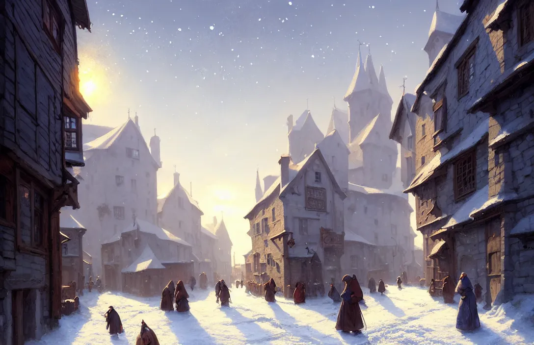 Image similar to medieval town street scene in the winter, blue sky, snow, frost, detailed, concept art, low angle, highly detailed, warm lighting, volumetric, godrays, vivid, trending on artstation, by jordan grimmer, greg rutkowski