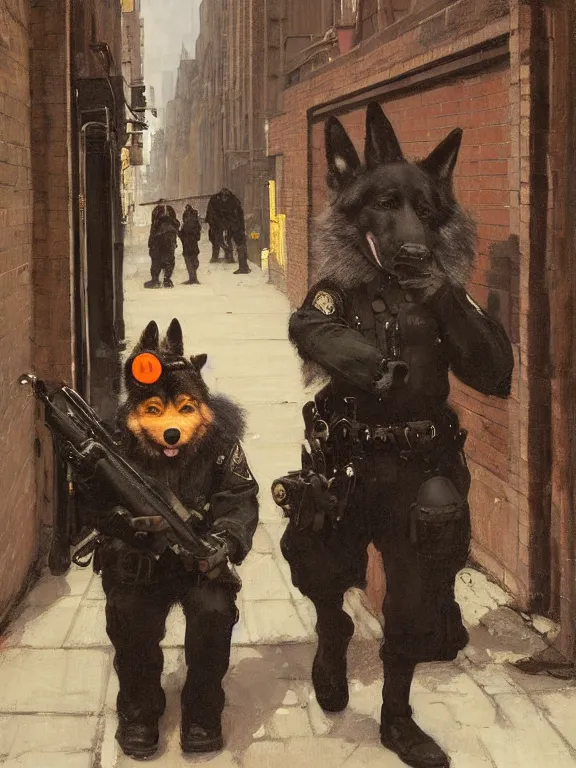 Image similar to new york city portrait of furry anthro anthropomorphic german shepard head animal person fursona wearing clothes nypd traditional police uniform in the alley, sunny day, digital art by Nerdrum John, William Waterhouse, Winslow Homer, Alex Heywood, Jordan Grimmer, Darren Quach, Greg Rutkowski, Simon Stalenhag, trending on Artstation, CGSociety