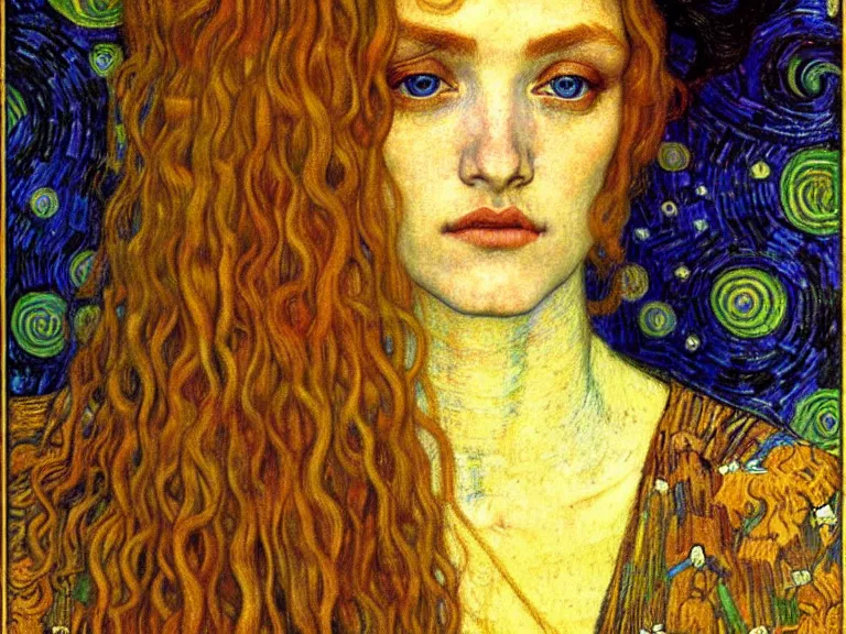 Image similar to detailed realistic beautiful young medieval queen face portrait by jean delville, gustav klimt and vincent van gogh, art nouveau, symbolist, visionary, gothic, pre - raphaelite, muted earthy colors, desaturated