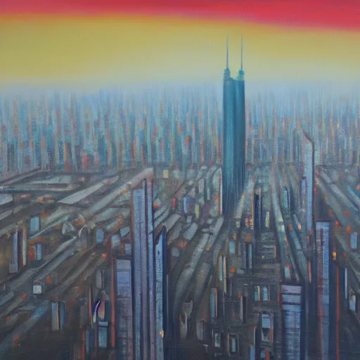 Image similar to a city falling off the edge of reality, oil on canvas