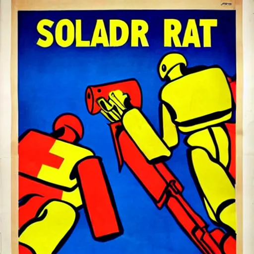 Prompt: : soldiers covered in bright color paint during battle with robots, old war poster, war cartoon