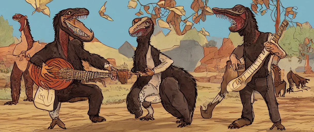 Prompt: a beautiful illustration of a bearded velociraptor man playing a banjo at a square dance Jean | graphic novel:.5 | unreal engine:.6