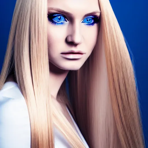 Prompt: portrait of a woman with long blonde hair, blue eyes, straight hair, white clothes, professional photograph, highly detailed, beautiful face, elegant, 8k, dramatic lighting, trending, hd,