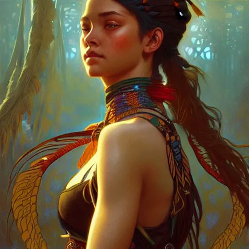 Prompt: a beautiful indigenous girl, fantasy, intricate, elegant, highly detailed, digital painting, artstation, concept art, matte, sharp focus, illustration, art by Artgerm and Greg Rutkowski and Alphonse Mucha