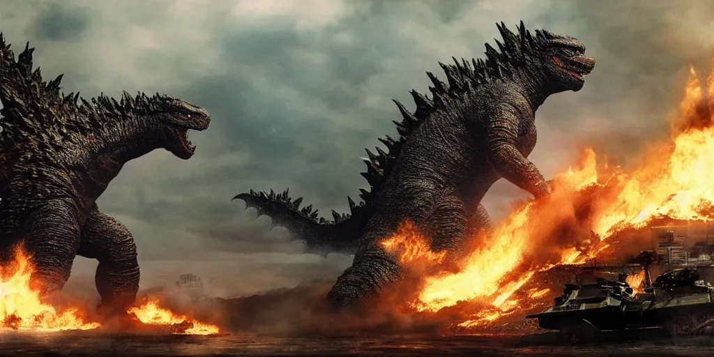 Image similar to photo of godzilla in a giant scale action movie battle, chaos and funny looking fases and body poses, debries, rubble, fire, special effects