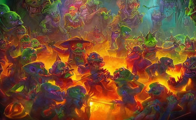 Image similar to goblins dancing in a colorful dungeon, cover art, epic composition, 4K Ultra HD