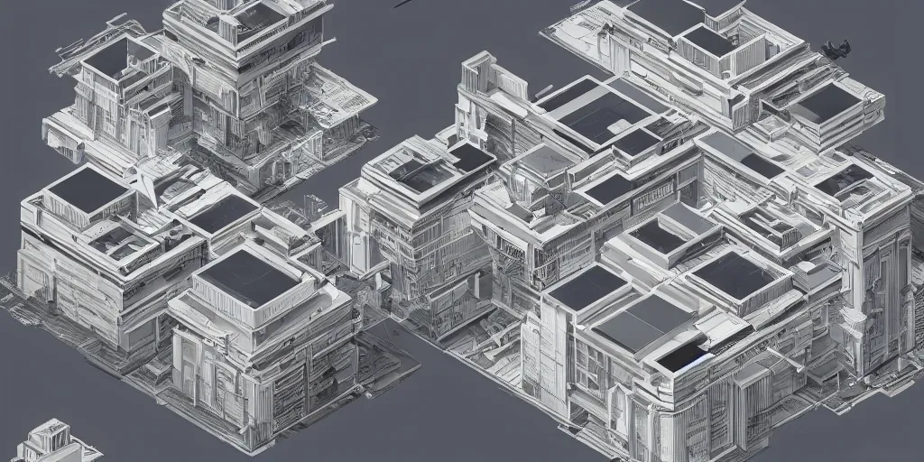 Image similar to high tech building cluster concept drawings with exposed sections designed by paul rudolph, grid, trending on artstation, rectilinear, isometric, isometric view, digital art, game art, 8 k, photorealistic, matte painting by moebius and alphonse mucha and nicolas party