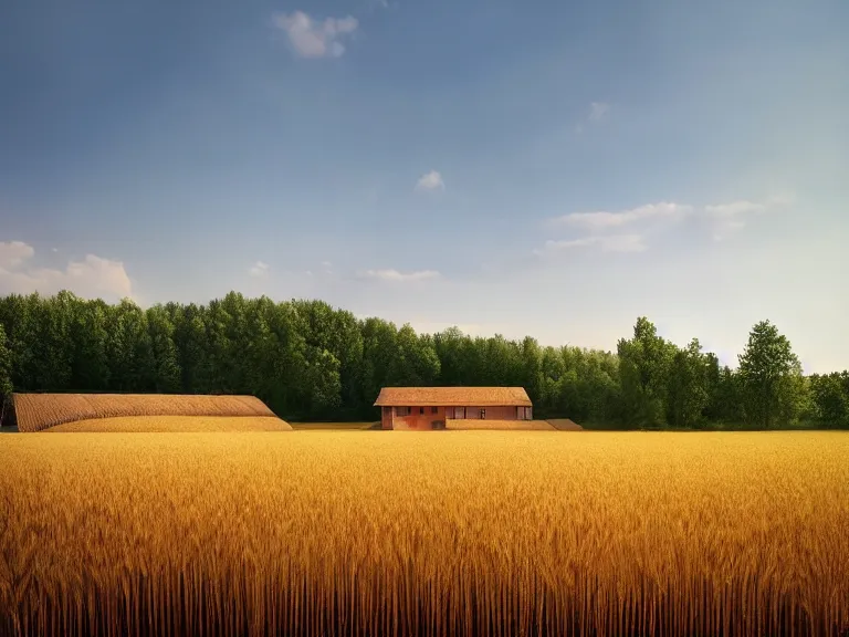 Image similar to hyperrealism photography of beautiful detailed eco house around the forest in small ukrainian village by taras shevchenko and wes anderson and caravaggio, wheat field behind the house