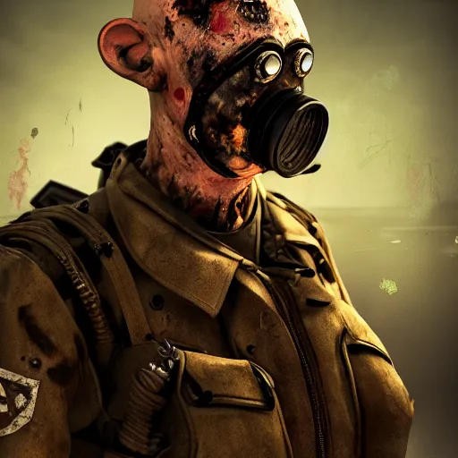 Image similar to military zombie with pig body type in broken gasmask, details face, photo, bloody eyes, unreal engine, digital, artstation, detailed body, heavenly atmosphere, digital art, overdetailed art, trending on artstation, cgstudio, the most beautiful image ever created, dramatic, award winning artwork, beautiful scenery