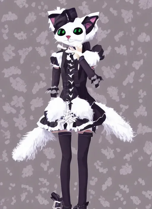 Prompt: digital painting of a cat wearing a gothic lolita dress with a cross pattern and platform boots, fursona, furry art, detailed white fur, detailed dress, makoto shinkai and akihiko yoshida and hidari and wlop