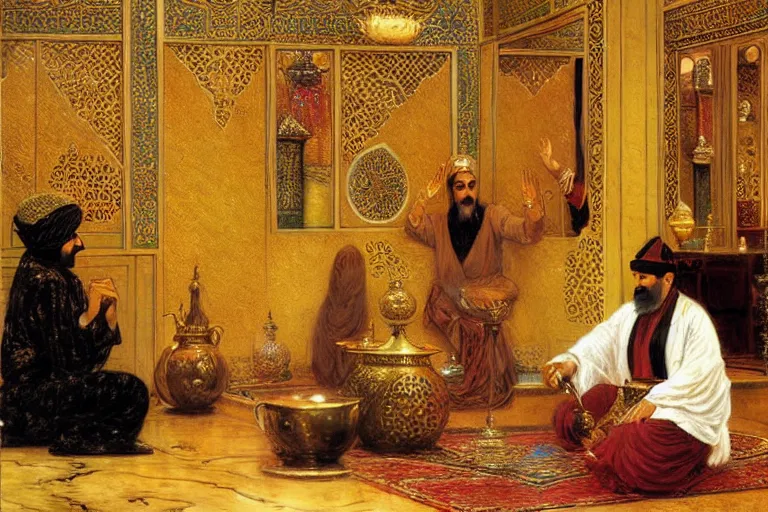 Prompt: The Persian Genie Destroys his Magic Lamp in an Opulent Turkish Salon, art by Paul Cadmus and Osman Hamdy Bey and Jean-Léon Gérôme