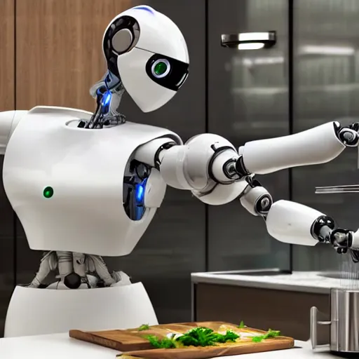 Image similar to a robot preparing a meal in a kitchen, cyberpunk, sci-fi, coherent like Dall-E 2