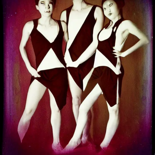 Image similar to polaroid of dancers in geometric costumes, smudge, lo fi, mix, texture