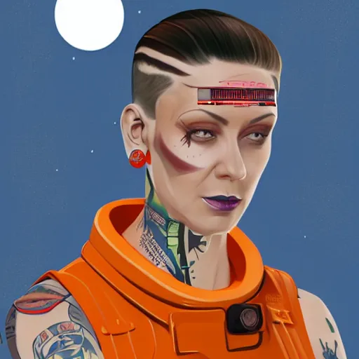 Image similar to character concept art of heroic stoic emotionless butch blond handsome woman space explorer with detailed tribal chin tattoos, dirty and injured, very short slicked - back butch hair, narrow eyes, wearing atompunk jumpsuit, orange safety vest, retrofuture, highly detailed, science fiction, illustration, oil painting, realistic, lifelike, pulp sci fi, cinematic