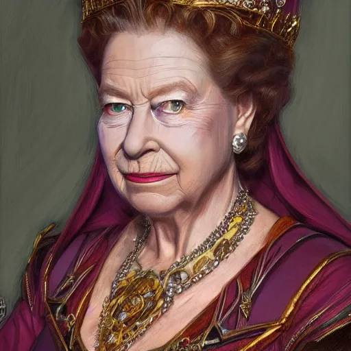 Prompt: queen elizabeth the second as a realistic fantasy d & d character, closeup portrait art by donato giancola and greg rutkowski, realistic face, digital art, trending on artstation