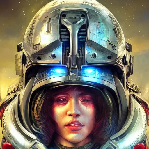 Image similar to Futuristic female soldier with open helmet in armour, machine city background with alien plants, upper body portrait, highly detailed, fractals, ornate, cinematic, 8k, by Stanley Artgermm, Tom Bagshaw, Greg Rutkowski, Vincent di Fate, Carne Griffiths, Ayami Kojima, trending on DeviantArt, hyper detailed, full of color, digital art,