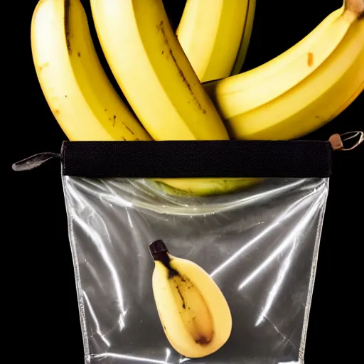 Prompt: a TRANSLUCENT bag containing a banana, black background