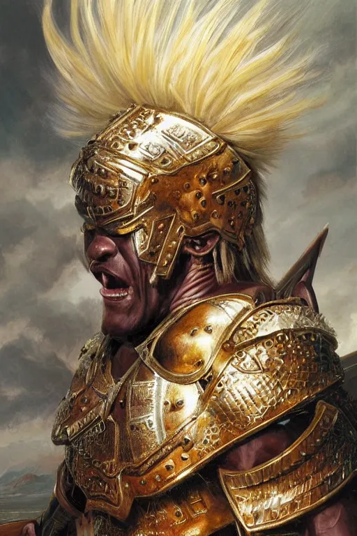 Image similar to a powerful and muscular make african warrior , half body portrait, blond hair, ornate armour, realistic oil painting by Thomas Cole and Wayne Barlowe and Boris Valejo