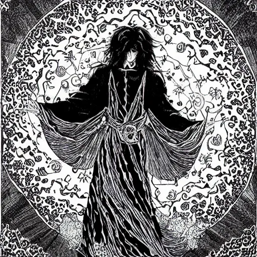 Image similar to black and white pen and ink!!!!!!! Suprani!!!!! wizard Nick Drake wearing High Royal flower print robes flaming!!!! final form flowing ritual royal!!! Contemplative stance Vagabond!!!!!!!! floating magic swordsman!!!! glides through a beautiful!!!!!!! Camellia!!!! Tsubaki!!! death-flower!!!! battlefield behind!!!! dramatic esoteric!!!!!! Long hair flowing dancing illustrated in high detail!!!!!!!! by Hiroya Oku!!!!!!!!! graphic novel published on 2049 award winning!!!! full body portrait!!!!! action exposition manga panel black and white Shonen Jump issue by David Lynch eraserhead and beautiful line art Hirohiko Araki!! Frank Miller, Kentaro Miura!, Jojo's Bizzare Adventure!!!! 3 sequential art golden ratio technical perspective panels horizontal per page