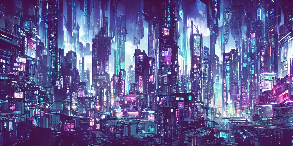 Image similar to city in the style of cyberpunk, singular gigantic building focus, space sky, anime illustration, horror,