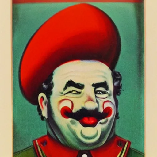 Prompt: communist clown portrait, soviet propaganda style painting, vivid colors