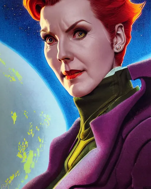 Image similar to moira from overwatch, character portrait, portrait, close up, concept art, intricate details, highly detailed, vintage sci - fi poster, in the style of chris foss, rodger dean, moebius, michael whelan, and gustave dore