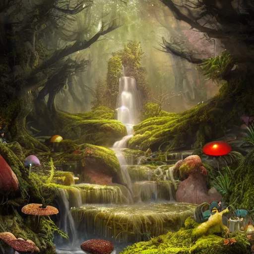 Prompt: tom bagshaw, wolf, mythical cosmic shrine, soft painting render curiosities carnival pond river vegetation rocks bugs wildlife mushrooms covered moss bioluminescent wisps, beautiful stunning waterfall, accurate features, focus, very intricate ultrafine details, random volumetric lighting, fog, award winning masterpiece, octane render 8 k hd, artstation