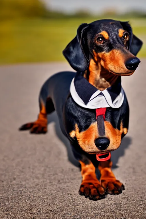 Image similar to Photo of a dachshund with Ron Swanson moustache, portrait, 3/4 view, Refined, Detailed professional photo, 50mm lens, Canon eos, blurry distant background, Highly Detailed, Cinematic Lighting, 8k