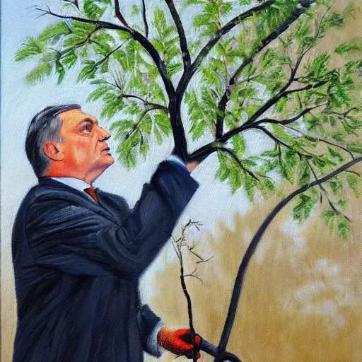 Prompt: viktor orban pruning a tree, oil painting