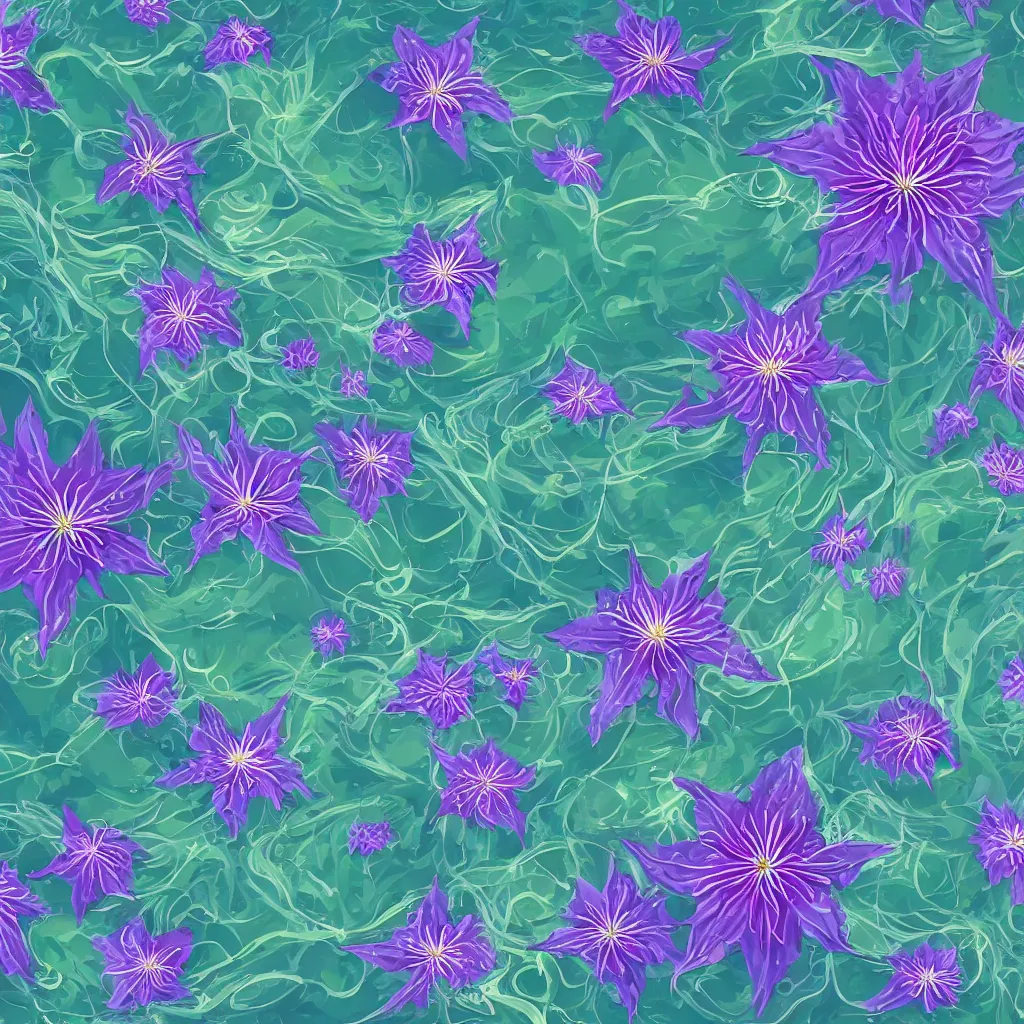 Image similar to clematis theme logo, clematis theme banner, clematis design, clematis in the deep sea, clematis like stars in the sky, trending on artstation, warm light, lovely and cute, fantasy art, 8 k resolution, highly detailed, pattern with optical illusion