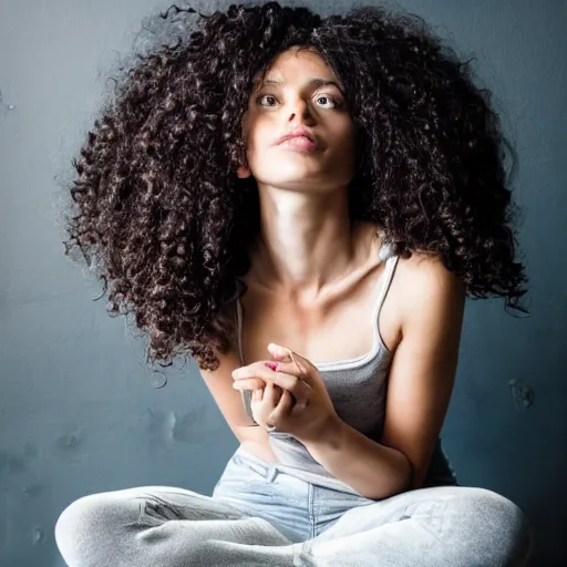 Image similar to a woman with long curly hair sitting in a room