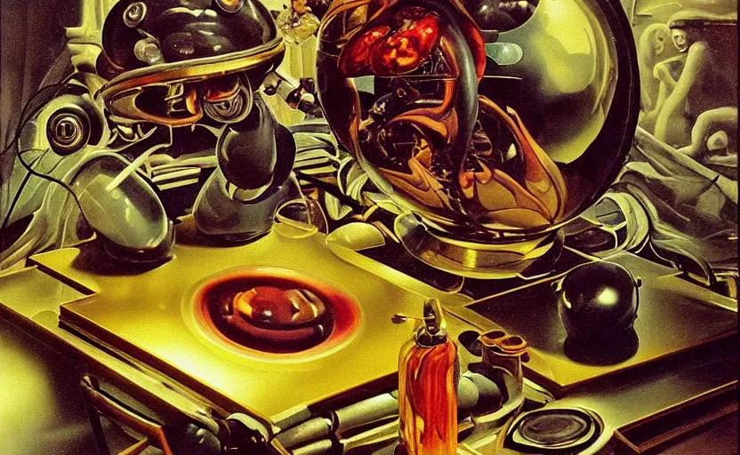 Image similar to strange seductive futuristic robot body, enticing colorful oil masterful painting dutch golden age vanitas still life splendid composition with bulbous luscious objects strange gooey transparent surfaces shiny metal reflections bizarre mutant meat insects rachel ruysch dali todd schorr very detailed perfect composition rule of thirds masterpiece canon 5 0 mm, cinematic lighting, photography, retro, film, kodachrome
