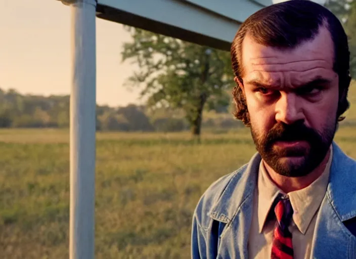 Prompt: film still of jim hopper as mike wheeler in stranger things, 8 k