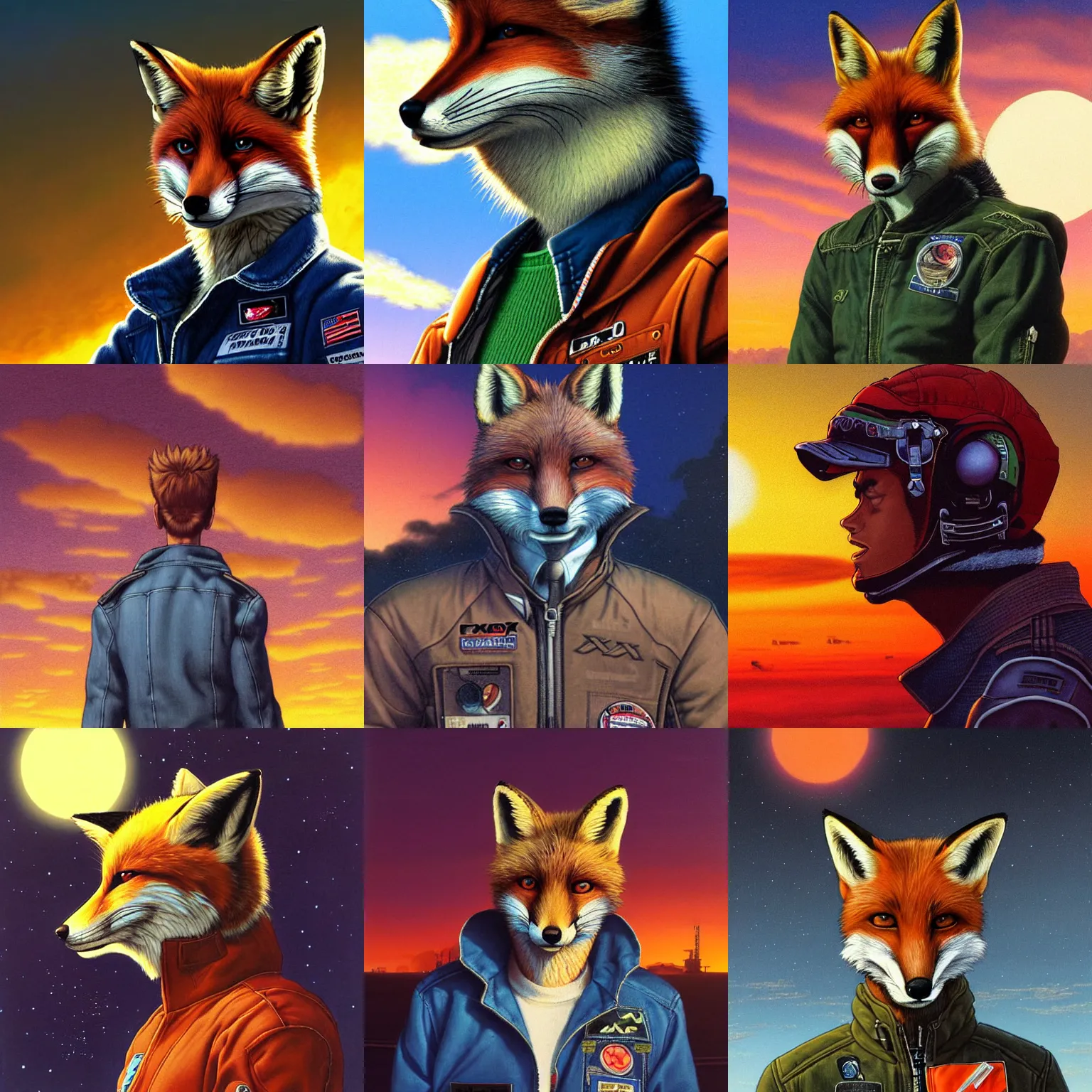 Prompt: a portrait of fox mccloud by peter elson, furry art, wearing a denim pilot's jacket, he is looking to the side, profile view, with a sci fi city background, sunset in the clouds, by syd dutton