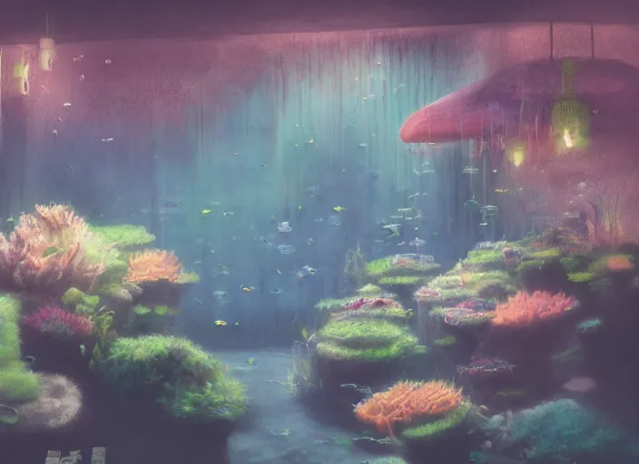 Image similar to placid pastel morning cozy moody cluttered painterly fluffy tiny cramped aquarium store, lots of aquariums, slanted ceiling, tiny space, particulate, trending on pixiv