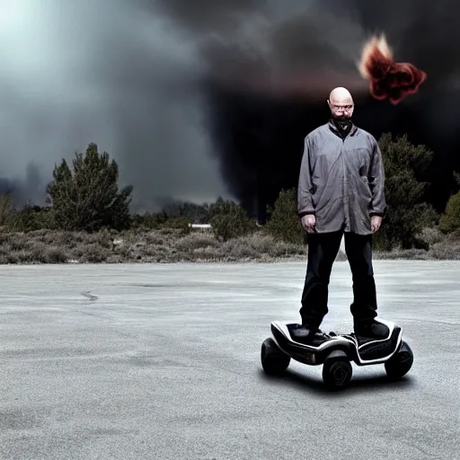 Image similar to Walter White from Breaking Bad (2008) standing on a hoverboard with an exploding building behind him, HDR, 8k,