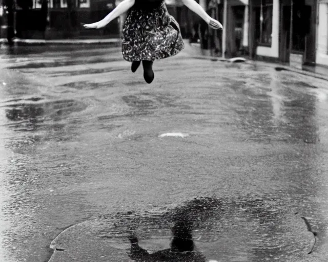 Image similar to A woman wearing a dress leaping over a large puddle in the street, the decisive moment by Henri Cartier-Bresson, photographed on a Leica camera