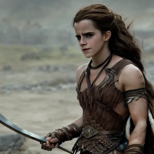 Prompt: emma watson from the new conan the barbarian movie, movie still, 8 k, realistic