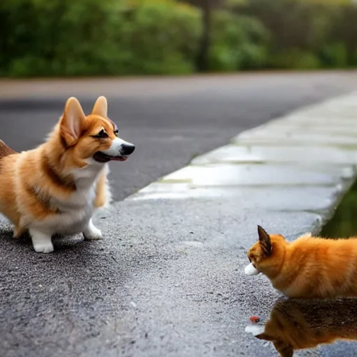 Prompt: a corgi looking at a cat's reflection in a puddle