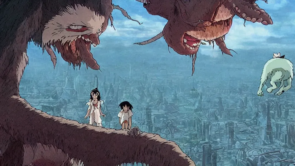 Prompt: a cell shaded cartoon movie still from princess mononoke ( 1 9 9 7 ) showing a lovecraftian monster from independence day ( 1 9 9 6 ) in the air above a city. very dull muted colors, hd, 4 k, hq