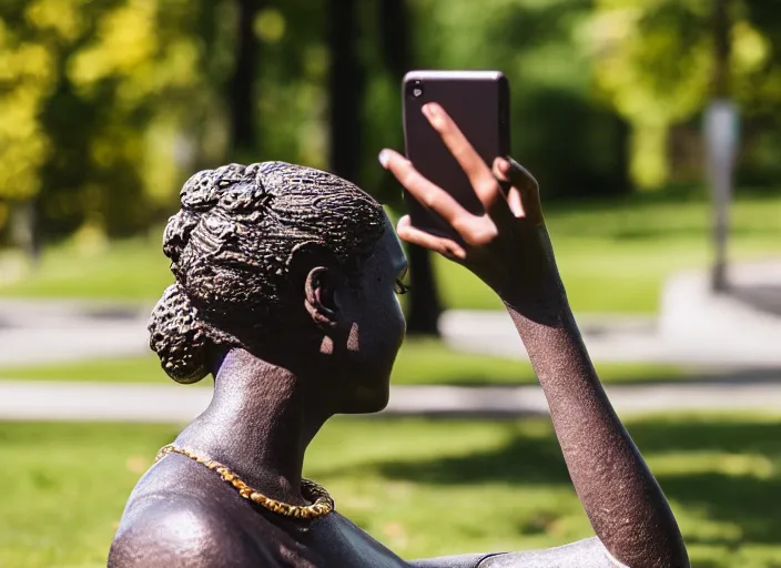 Prompt: photo still of a bronze statue of a woman using an iphone to take a selfie in a park on a bright sunny day, 8 k 8 5 mm f 1 6