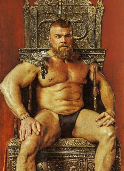 Prompt: head and torso portrait of mariusz pudzianowski as viking king sitting on throne, by lawrence alma tadema and rick berry and norman rockwell and greg staples