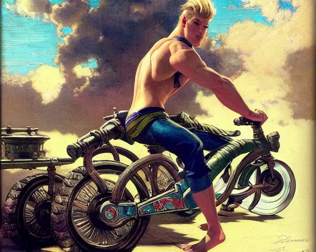 Image similar to handsome tattooed blonde gym bro rides an e - scooter, cool colors, hard angles, painting by gaston bussiere, craig mullins, j. c. leyendecker, tom of finland